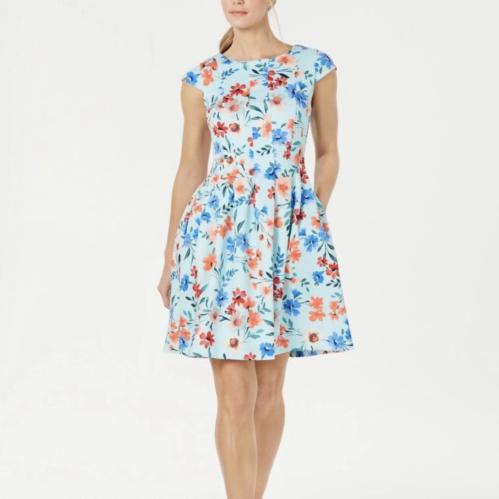 Calvin Klein Colorful Floral‎ Cap Sleeve Pleated Pockets Scuba Flare Dress 12